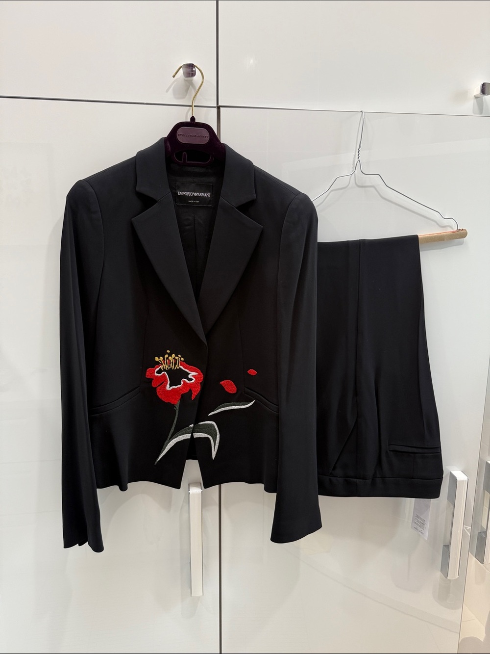 Emporio Armani Black Blazer and Trousers with Red Floral Embroidery